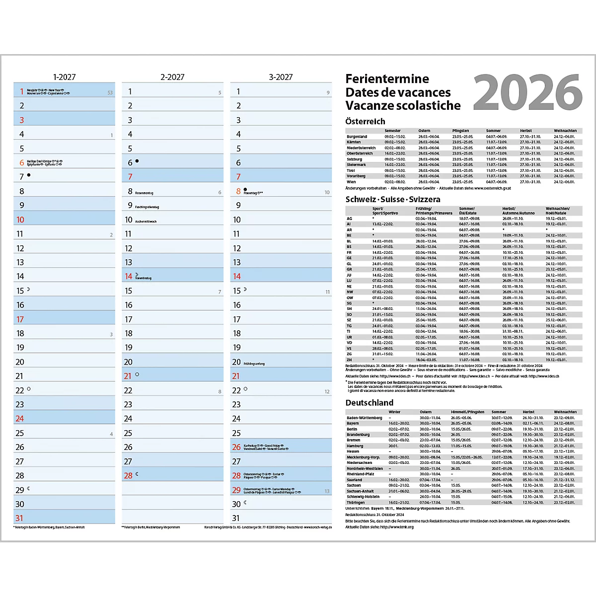 Teamplaner Korsch 2026, 12 Spalten, Kalendarium für D/EN/F/I, Ferientermine, Vorschau bis März 2027, B 440 x H 360 mm, Papier