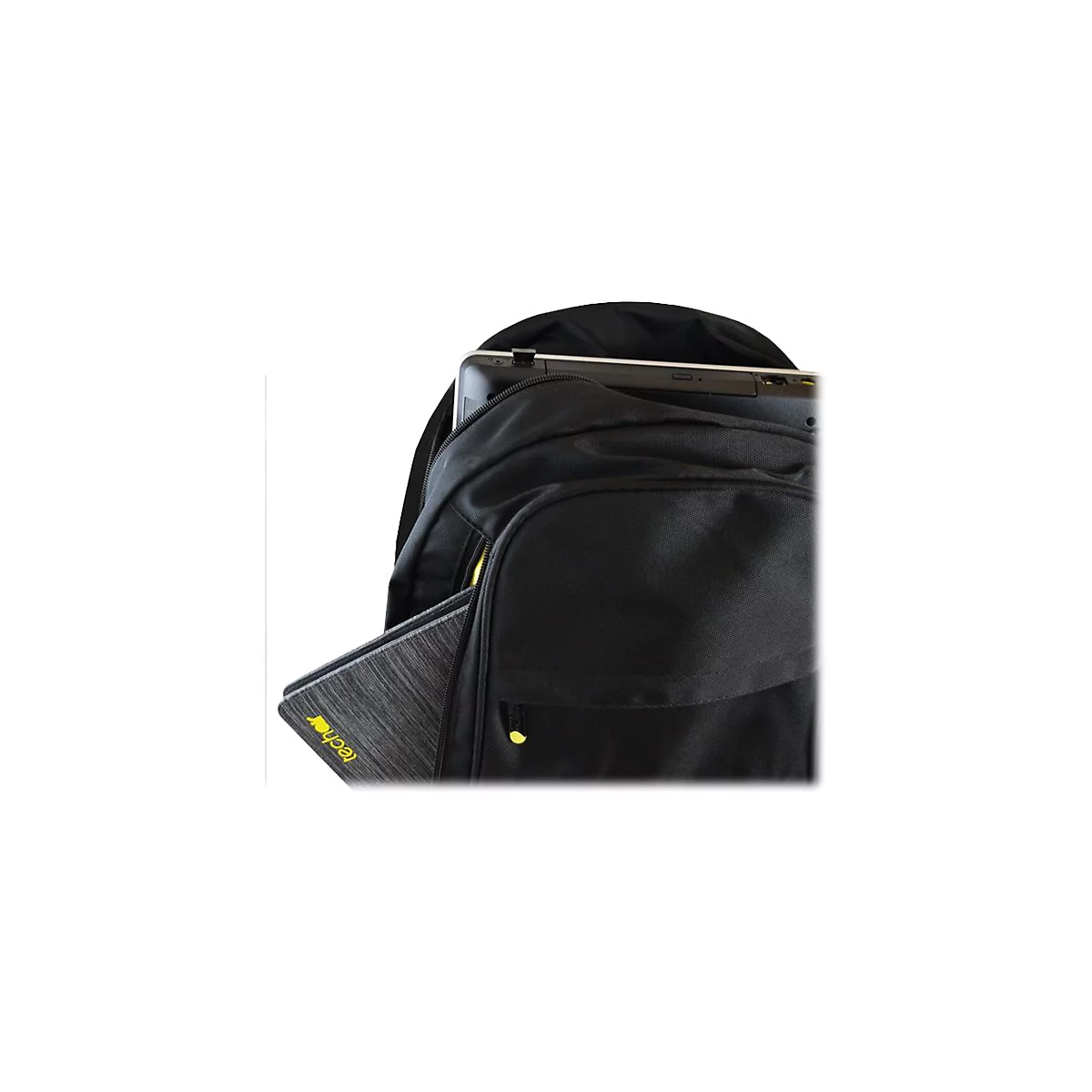 Schwarzer Rucksack mit Laptop und Tablet. Gelber Reißverschluss und Logo.