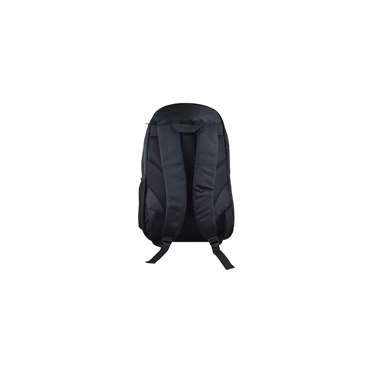 Schwarzer Rucksack, Rückansicht. Gepolsterte Träger, Mesh-Rückenteil, seitliche Netztasche.