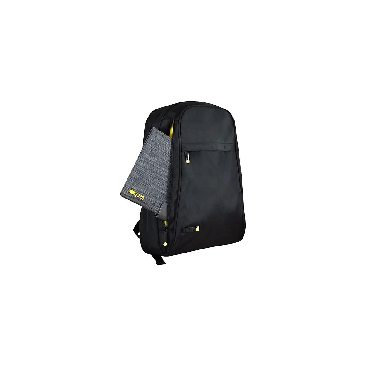 Schwarzer Rucksack mit grauem Tablet in der Seitentasche, gelbe Akzente und Logo.