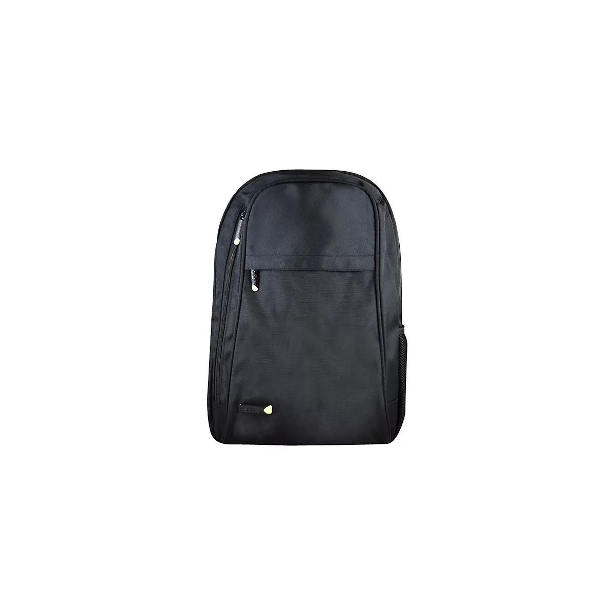 Schwarzer Rucksack, rechteckige Form mit Reißverschlüssen und zusätzlichem Fach.