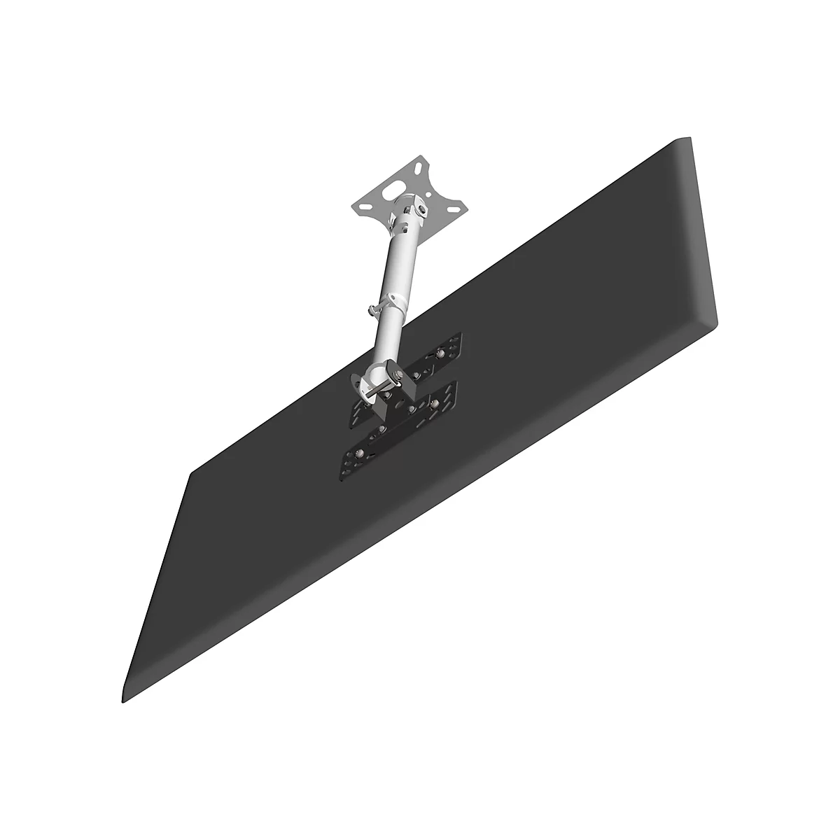 Schwarzgraue Deckenhalterung für Projektor, von unten gesehen. Metallkonstruktion, an der eine rechteckige Platte befestigt ist.