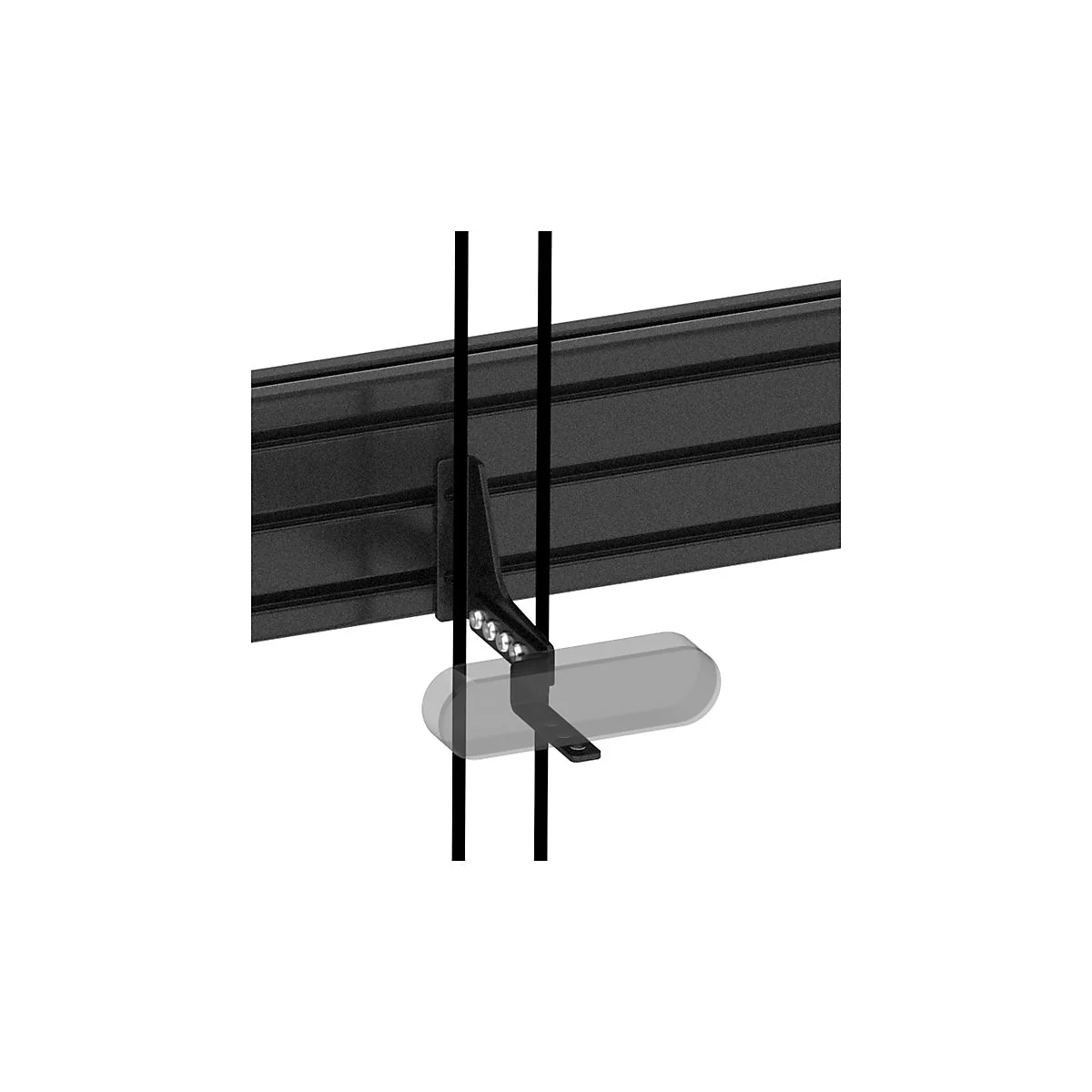 Detailaufnahme einer schwarzen Halterung mit 4 LED-Leuchten und einem grauen Element. Im Hintergrund ist eine geriffelte schwarze Oberfläche.