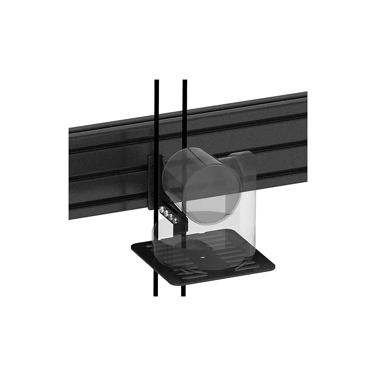 Schwarzer Becherhalter, montiert an einer horizontalen Schiene. Der Becher ist transparent, der Halter aus schwarzem Kunststoff.