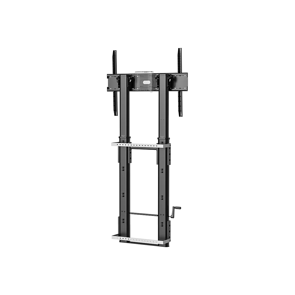 Schwarzer, höhenverstellbarer TV-Ständer mit Halterung, Schrauben und Kurbel zur Höhenverstellung.