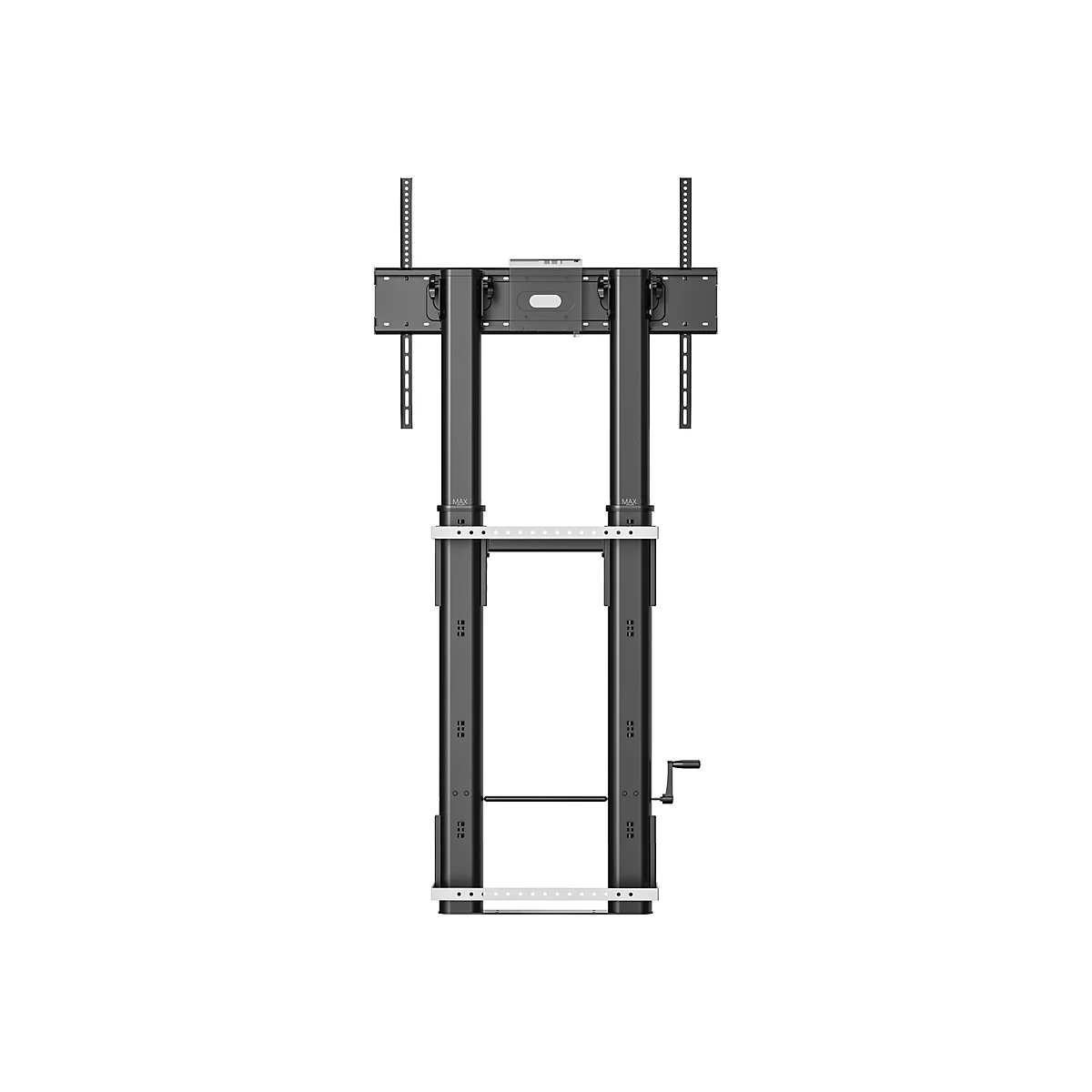 Schwarzer, höhenverstellbarer TV-Ständer auf weißem Hintergrund. Der Ständer hat eine Kurbel und ein Montagesystem.