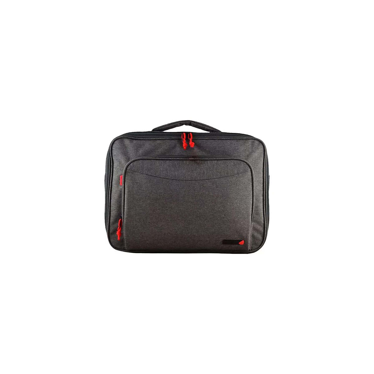 Graue Notebook-Tasche mit rotem Reißverschluss und roten Akzenten. Sie hat ein oberes Fach und eine Fronttasche.