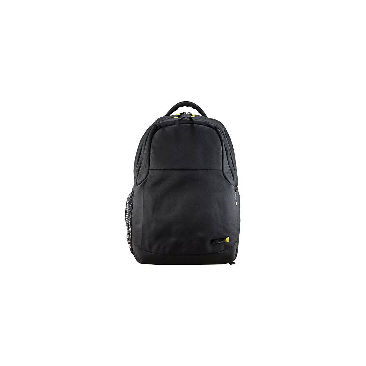 Schwarzer Rucksack mit gelben Akzenten, auf weißem Hintergrund. Tragegriff, Reißverschlüsse und Logo.