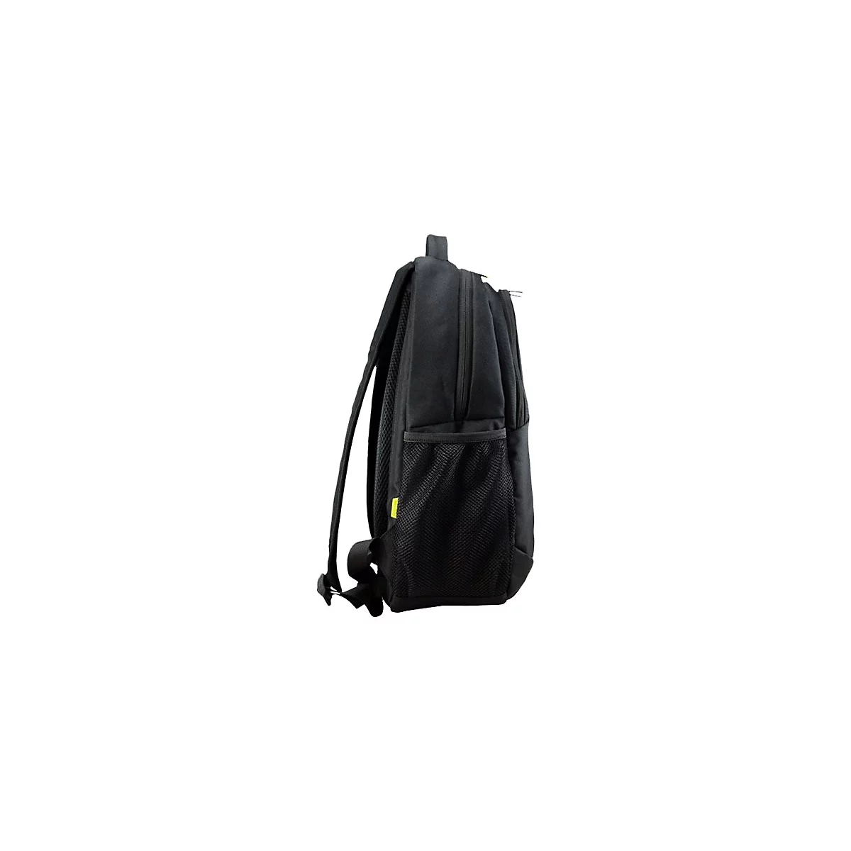 Schwarzer Rucksack, Seitenansicht. Netz-Taschen, gelbe Details und verstellbare Träger.