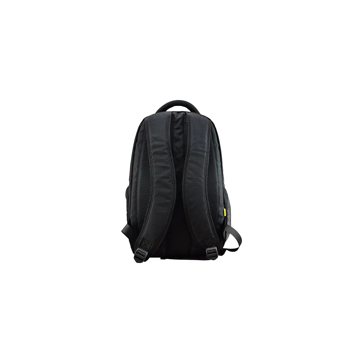 Schwarzer Rucksack von hinten, mit Tragegriffen und gepolsterten Schultergurten. Schwarzes Netz an den Seiten und an der Rückenpolsterung.