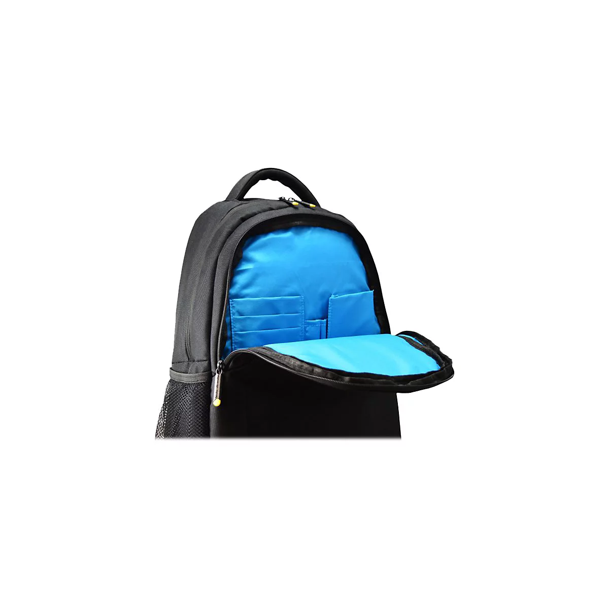 Schwarzer Rucksack mit blauem Innenfutter, teilweise geöffnet, zeigt Fächer und Reißverschluss.