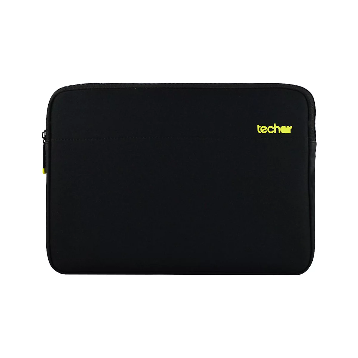 Schwarze Laptoptasche mit gelbem Reißverschluss und Logo.
