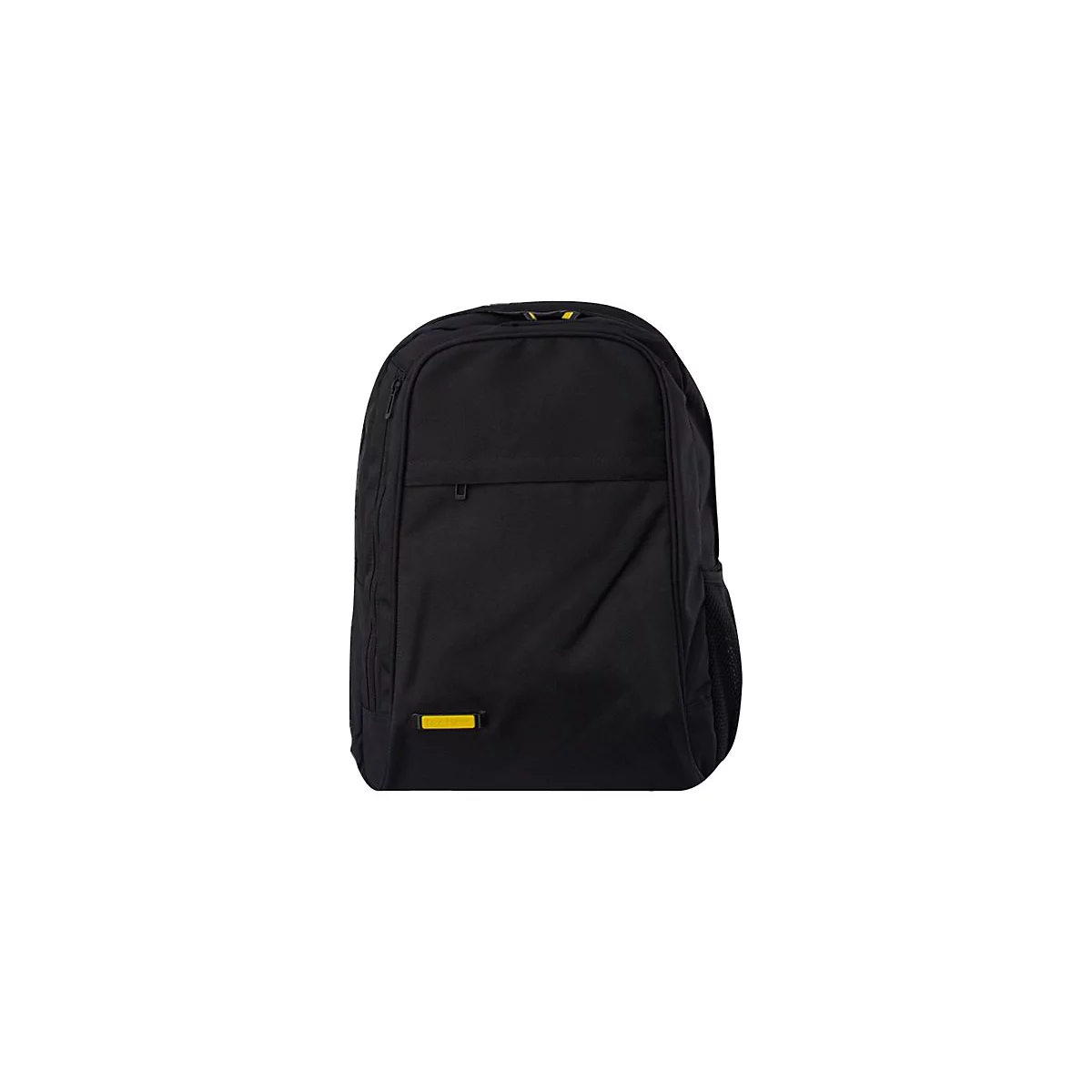 Schwarzer Rucksack mit gelbem Logo, Details: Reißverschluss, seitliche Netztasche, rechteckiger Anhänger.