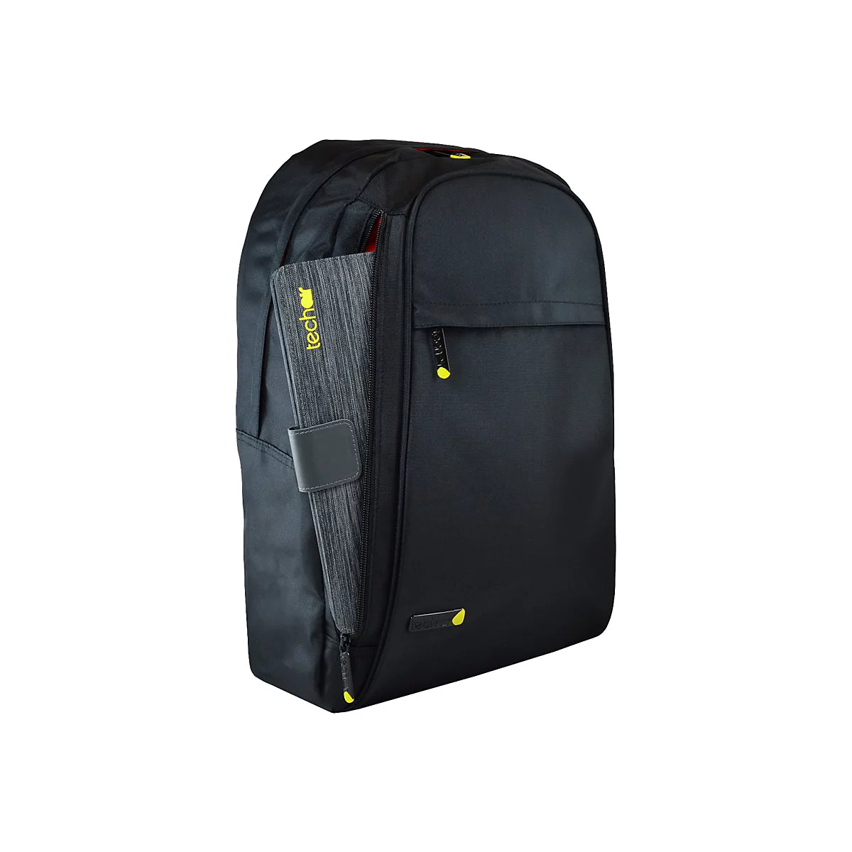 Schwarzer Rucksack mit gelben ReiÃŸverschlÃ¼ssen. In der Seitentasche steckt ein graues Etui mit gelbem Schriftzug.