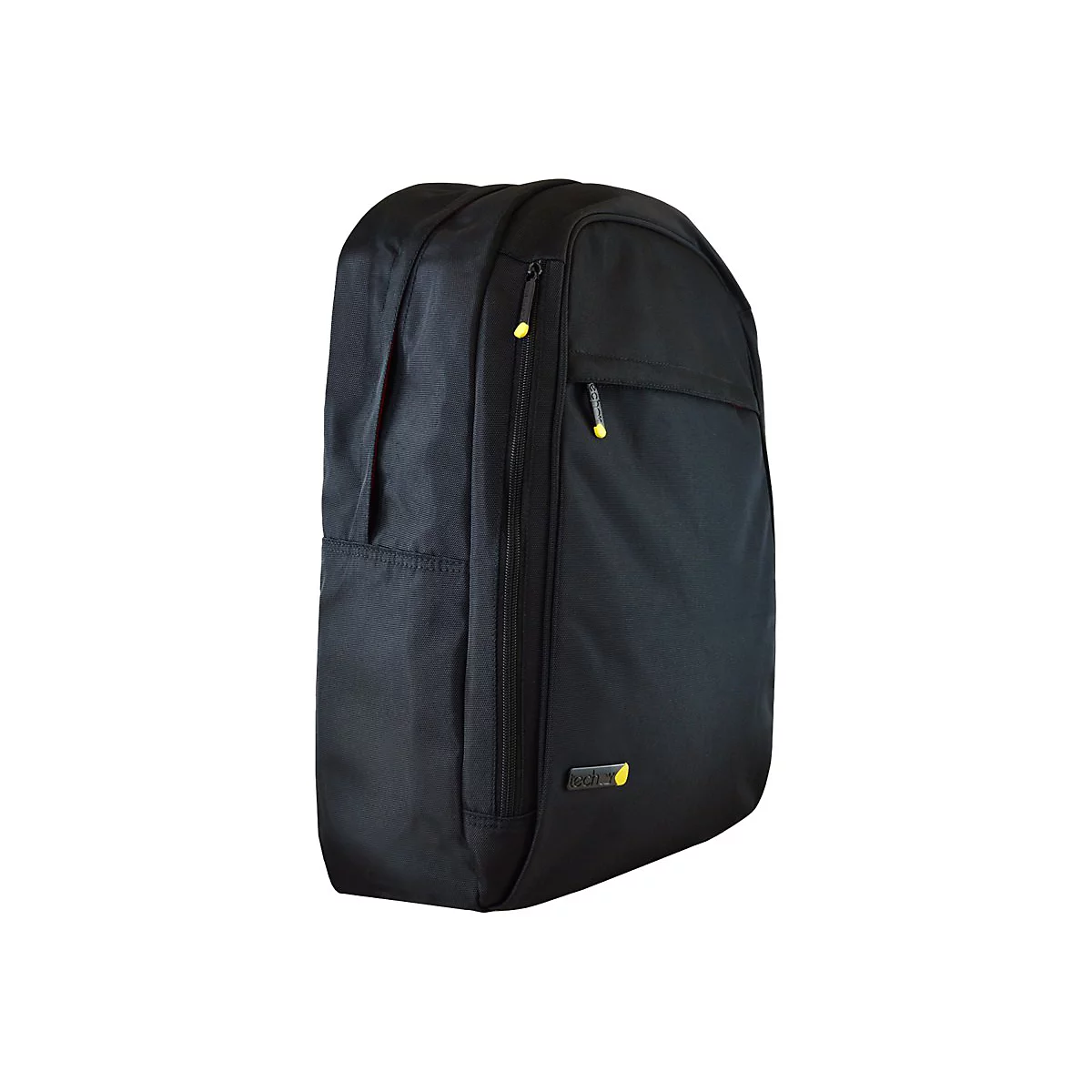 Schwarzer Rucksack, auf weiÃŸem Hintergrund. Gelbe ReiÃŸverschlÃ¼sse und Logo.