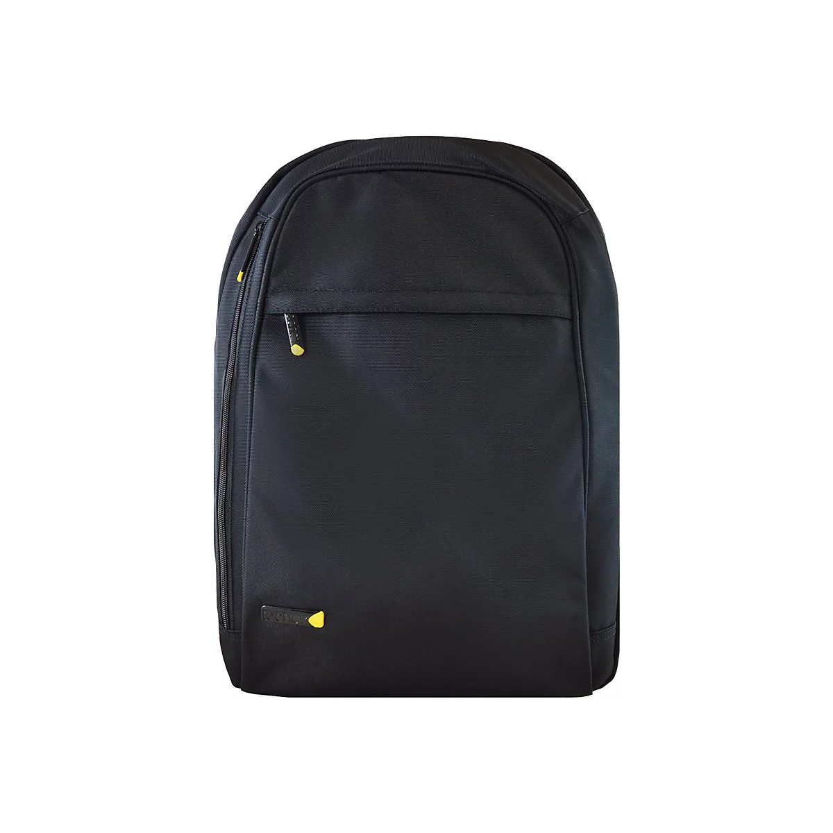 Schwarzer Rucksack mit gelben ReiÃŸverschlÃ¼ssen und Logos. Vorderseite mit einer kleinen ReiÃŸverschlusstasche.