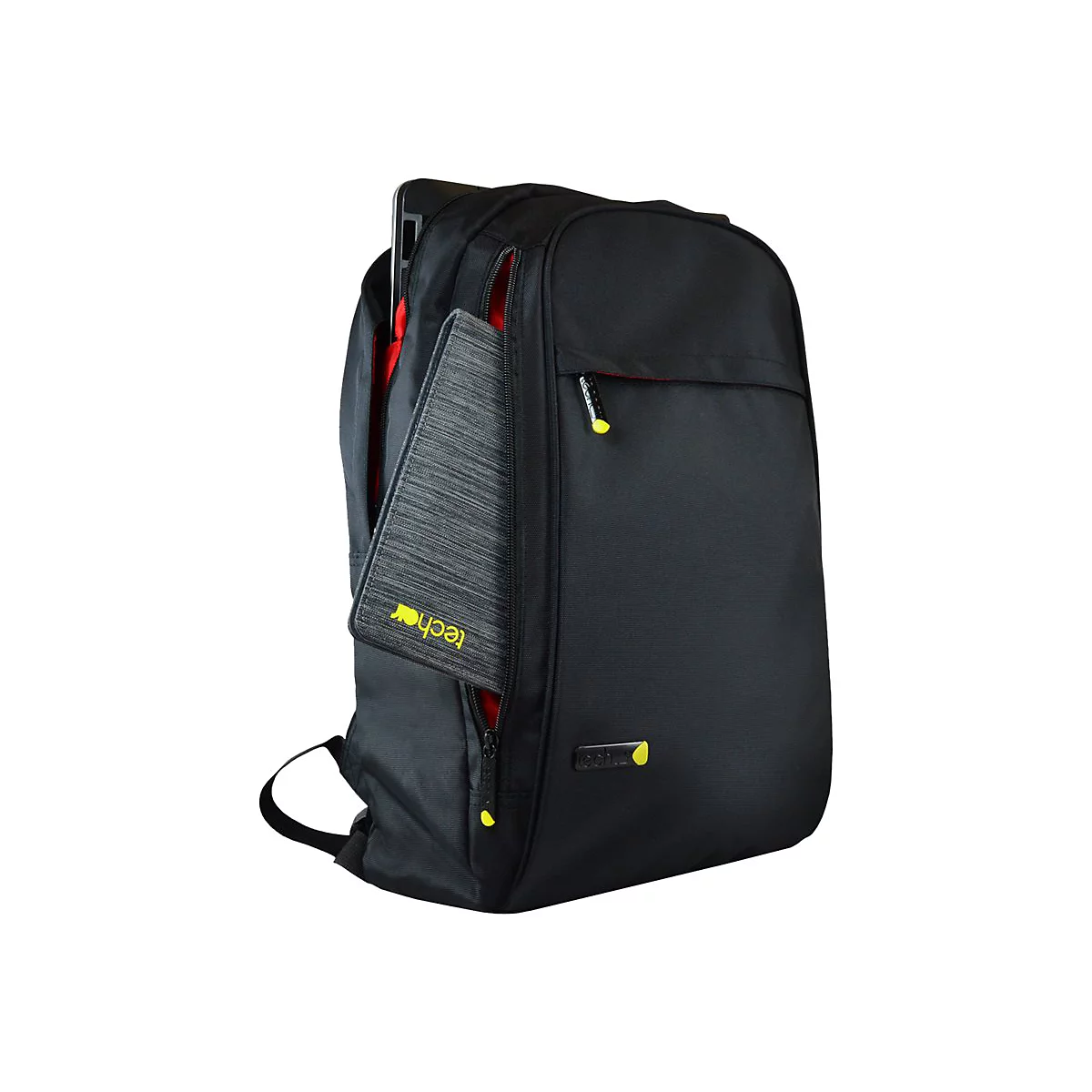 Schwarzer Rucksack mit gelben ReiÃŸverschlÃ¼ssen und einer Tablet-Tasche mit techair-Logo.