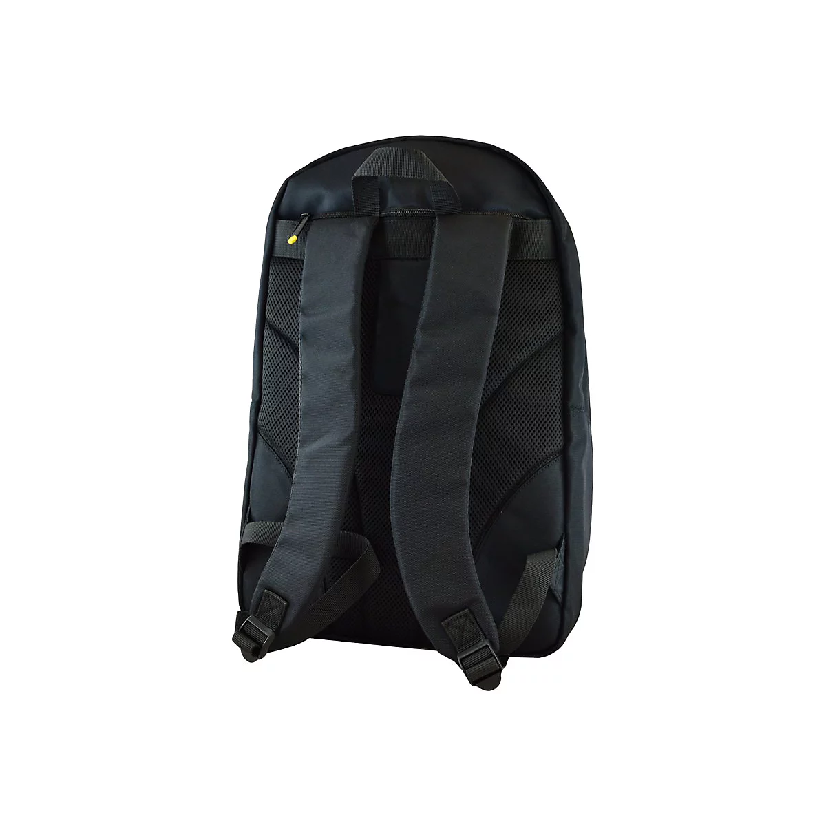 Schwarzer Rucksack von hinten, gepolsterte TrÃ¤ger, ReiÃŸverschluss, weiÃŸer Hintergrund.