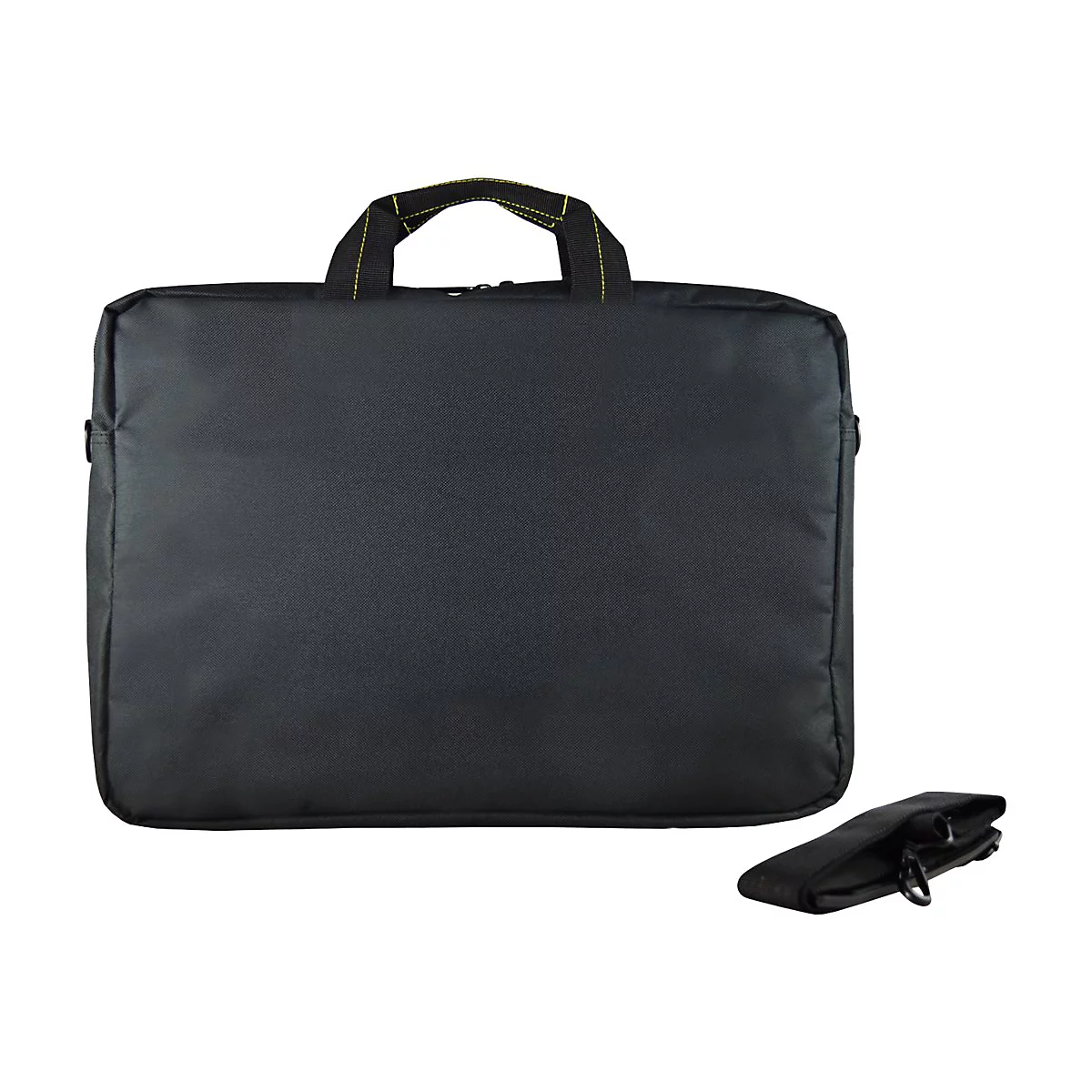 Schwarze Laptoptasche mit Tragegriff und abnehmbarem ZubehÃ¶r.