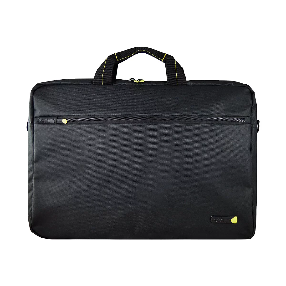 Schwarze Laptoptasche mit gelben Akzenten. ReiÃŸverschluss und Tragegriffe. Kleines gelbes Logo unten rechts.