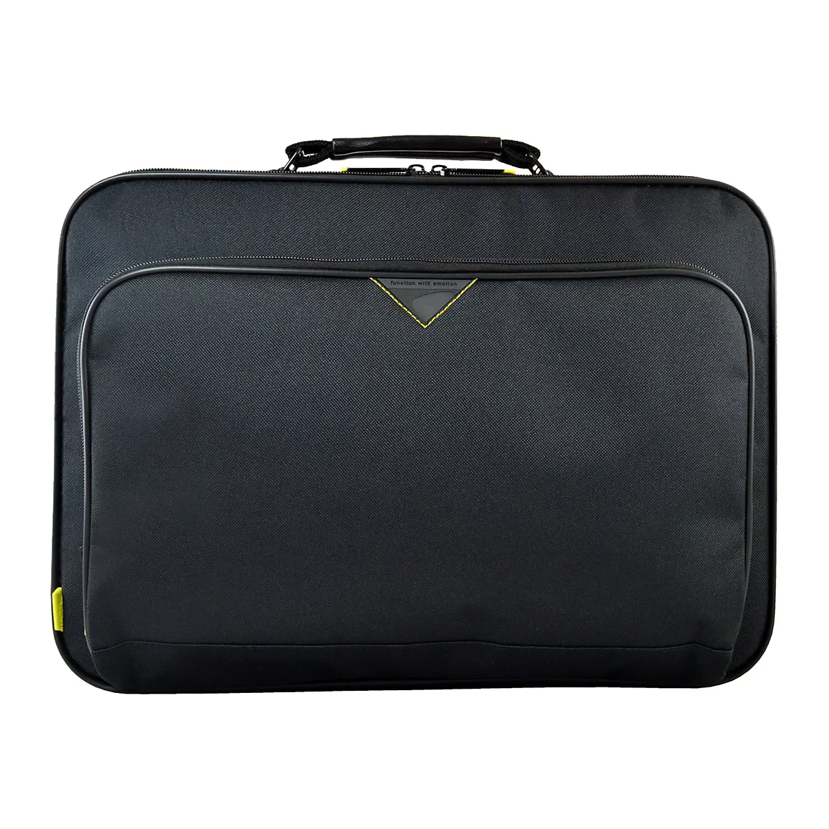 Schwarze Laptoptasche mit gelben Akzenten, Tragegriff und Reißverschluss. Auf der Fronttasche steht "function with emotion".