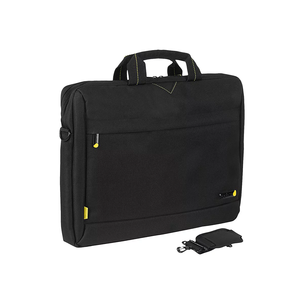 Schwarze Laptoptasche mit gelben Akzenten und Schultergurt. Griff und ReiÃŸverschluss in Gelb.
