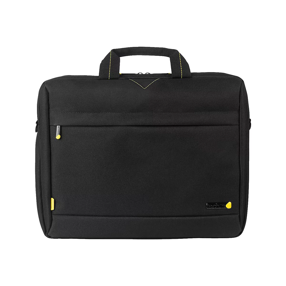 Schwarze Laptoptasche mit gelben Akzenten, Griff und ReiÃŸverschluss. Auf weiÃŸem Hintergrund.