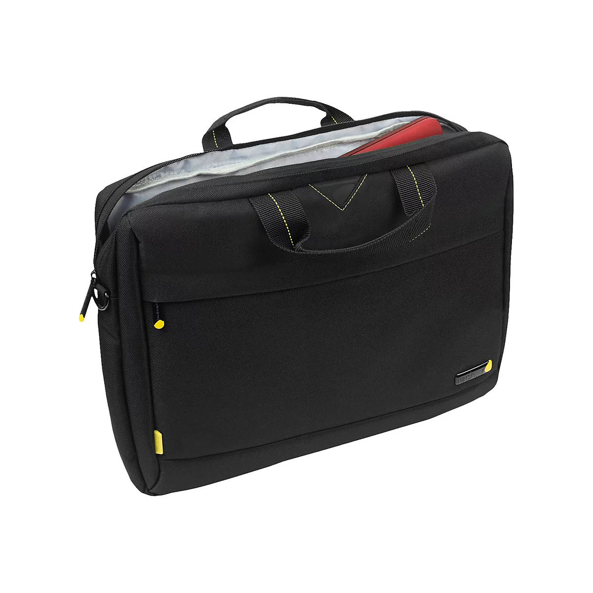 Schwarze Laptoptasche, teilweise geÃ¶ffnet, mit gelben Details. Oben ist ein rotes Dokument sichtbar.