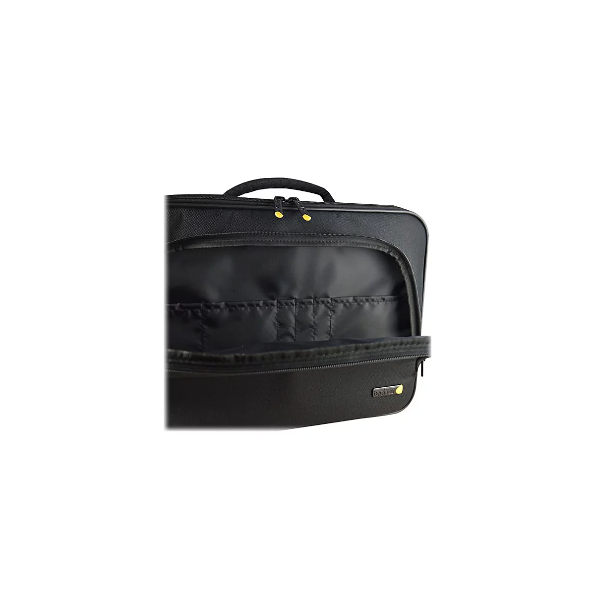 Schwarze Laptoptasche mit offenem Innenfach. Gelbe ReiÃŸverschlussdetails und ein Griff oben.