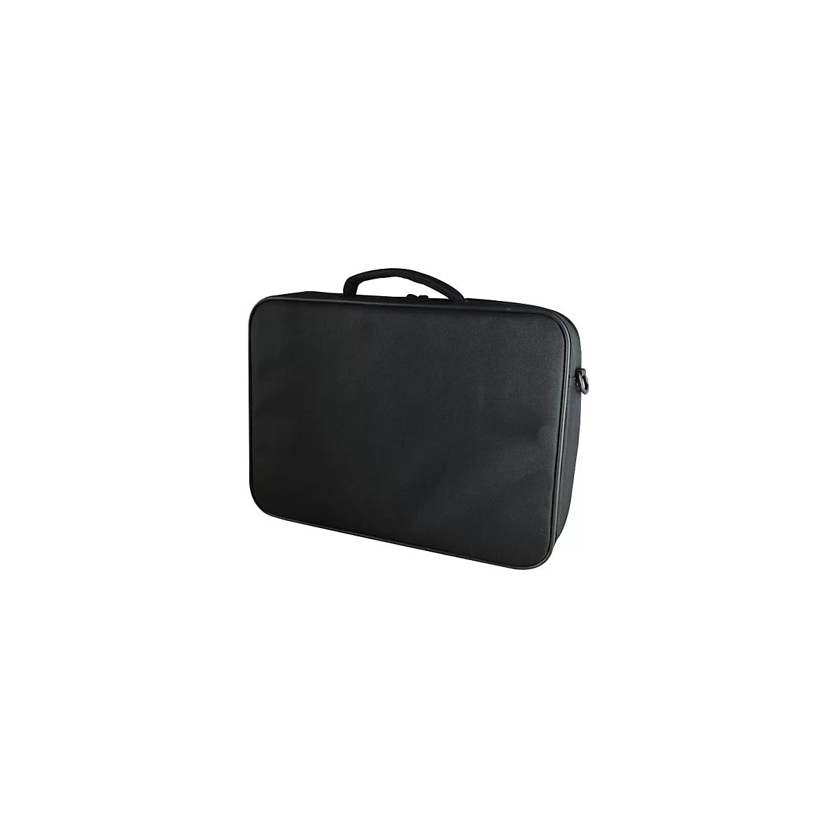 Schwarze Laptoptasche mit Griff und Schulterriemenhalterung.