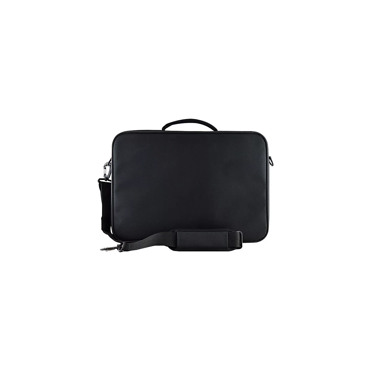 Schwarze Laptoptasche mit Tragegriff, Schultergurt und Metallkarabinern.