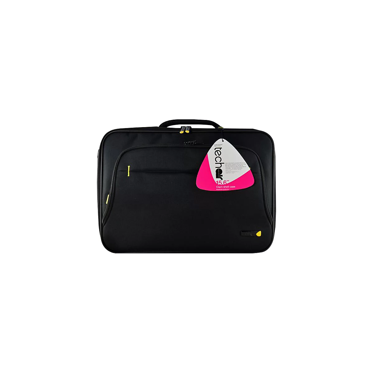 Schwarze Laptoptasche mit gelben Akzenten und einem Preisschild. Auf dem Schild steht 'techair 15.6' und 'Clam-shell case'.