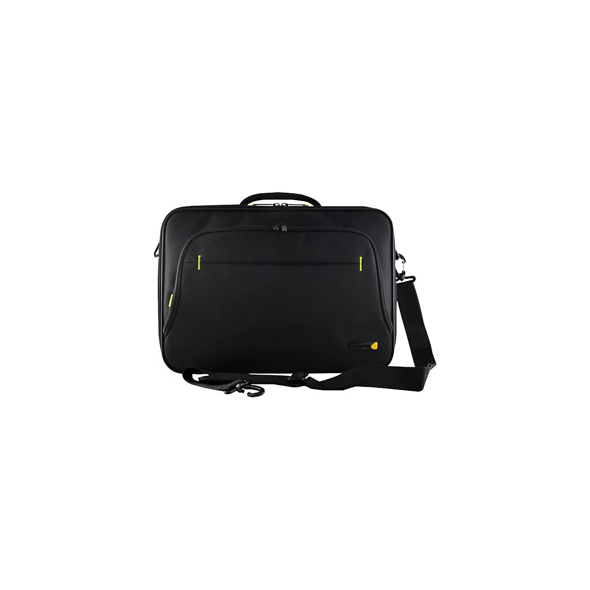 Schwarze Laptoptasche mit gelben Akzenten und UmhÃ¤ngeriemen.