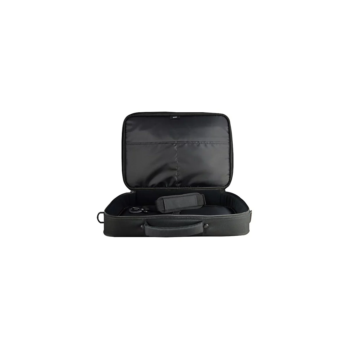 Offene, schwarze Laptoptasche mit Trageriemen. Innen: FÃ¤cher und gepolsterter Schultergurt.