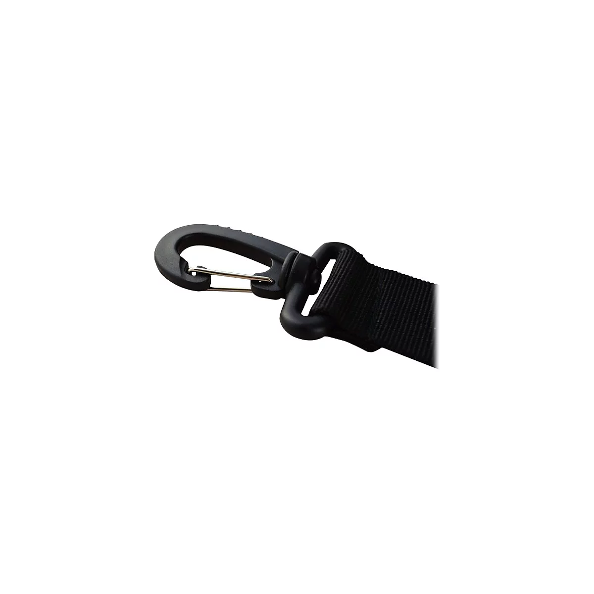 Schwarzer Karabinerhaken mit einem schwarzen Stoffband, vor weiÃŸem Hintergrund.