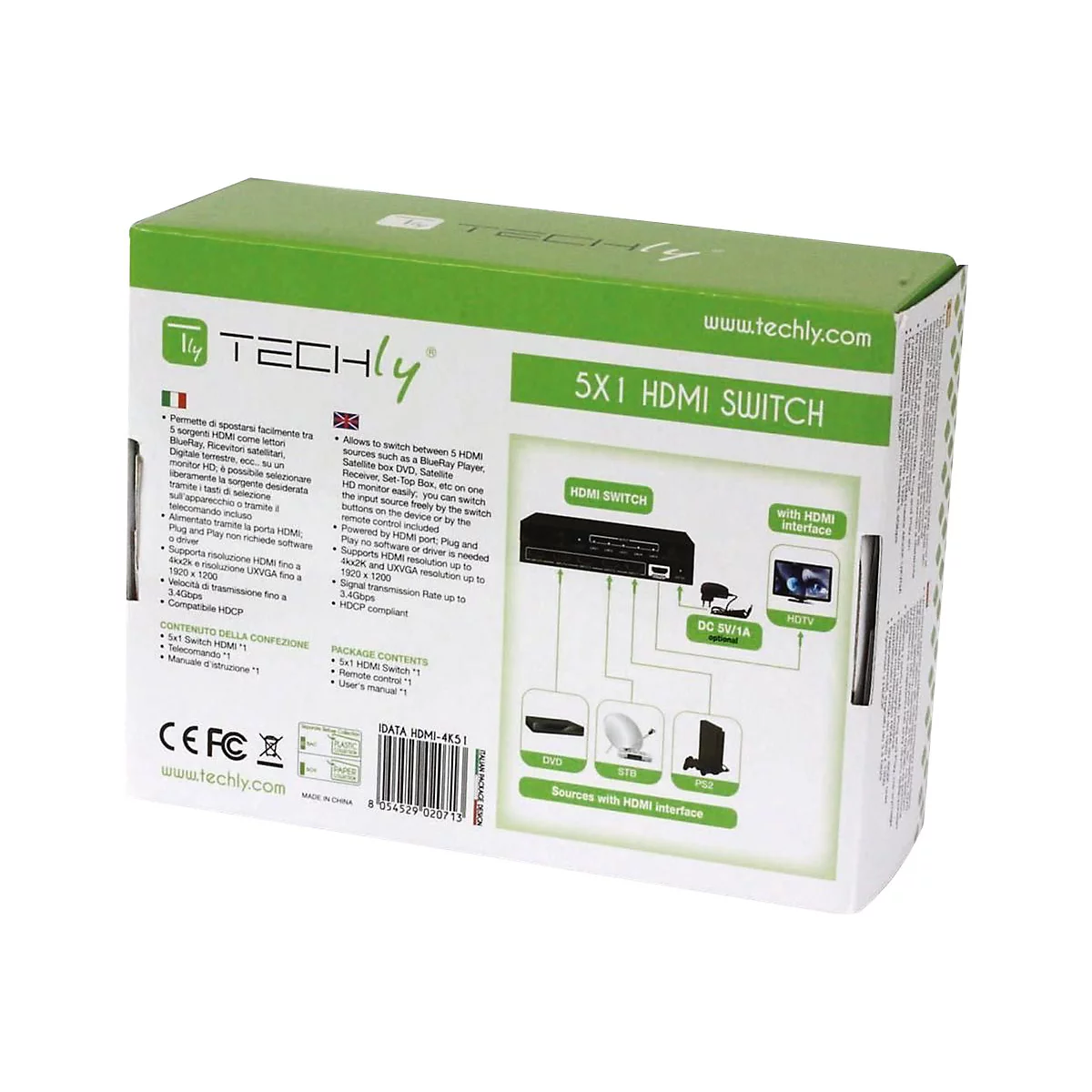 TECHly 5 IN 1 OUT HDMI Switch with Remote Control, 4Kx2K, 3D - Video/Audio-Schalter - 5 Anschlüsse