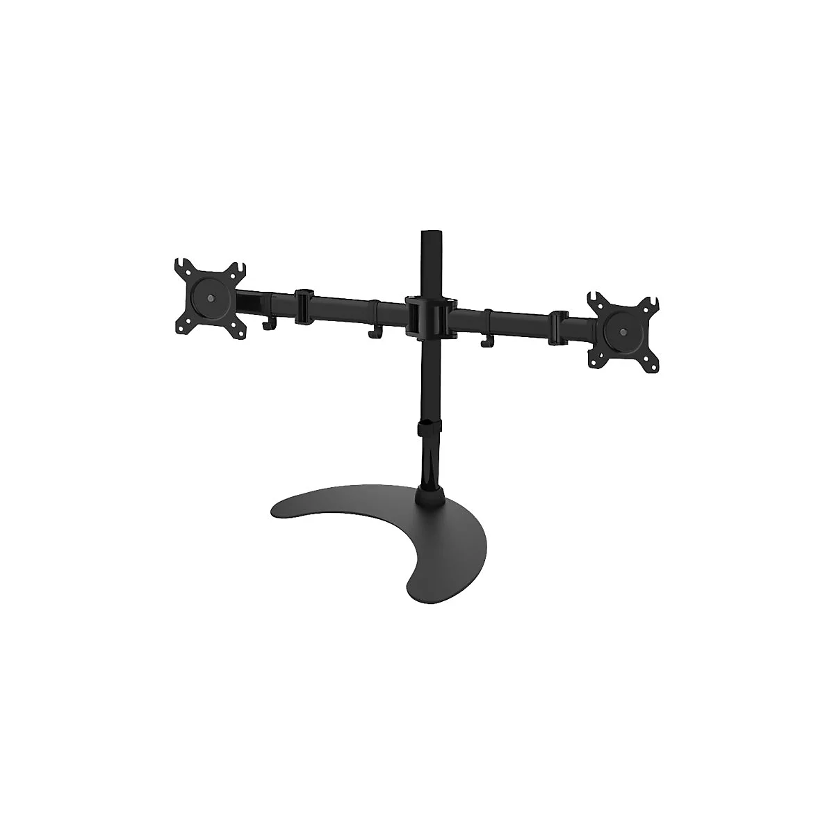 Schwarze Tischhalterung für zwei Monitore mit einem stabilen, halbmondförmigen Standfuß.