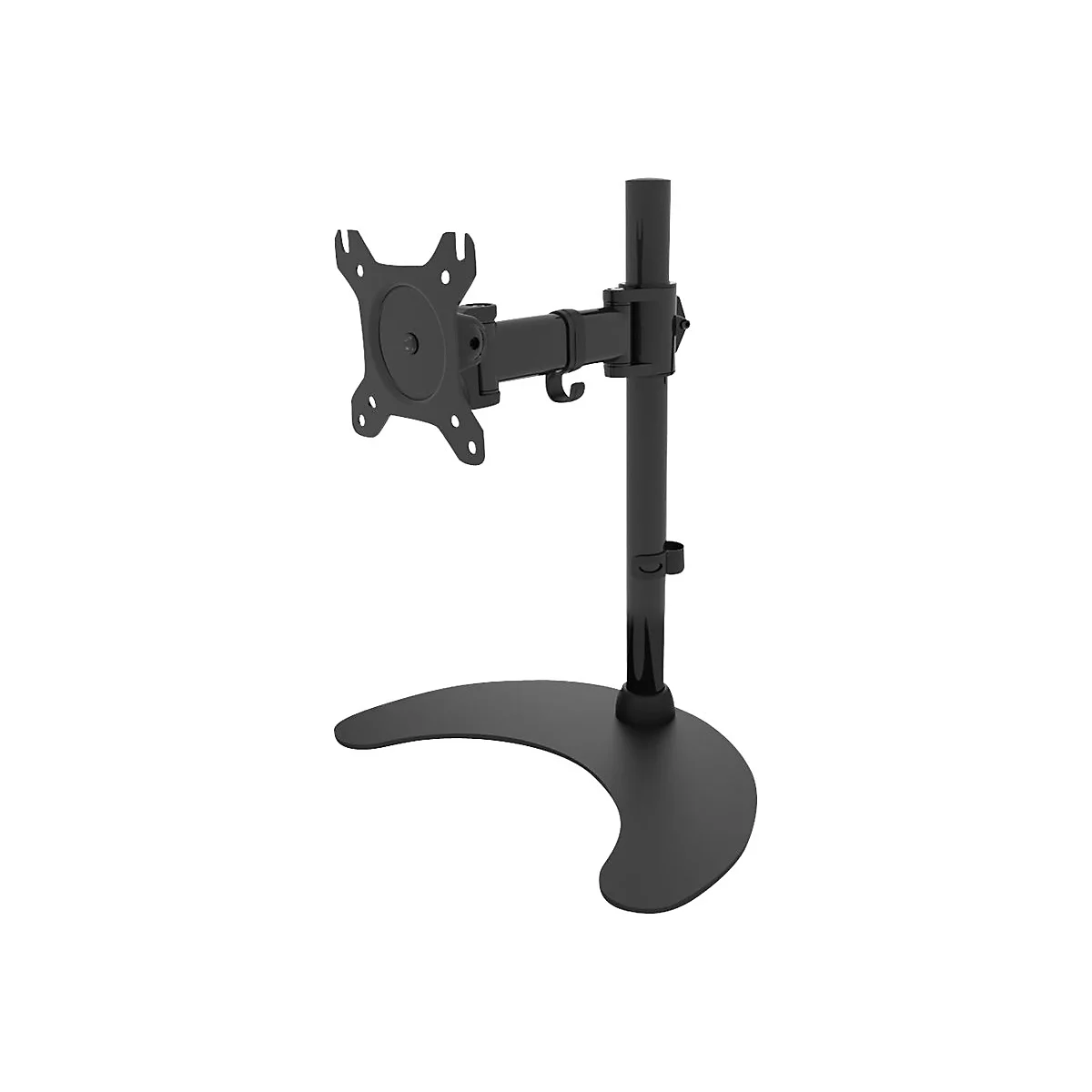 Schwarzer Monitorständer mit vertikaler Säule und schwenkbarem Arm auf einem halbmondförmigen Standfuß.