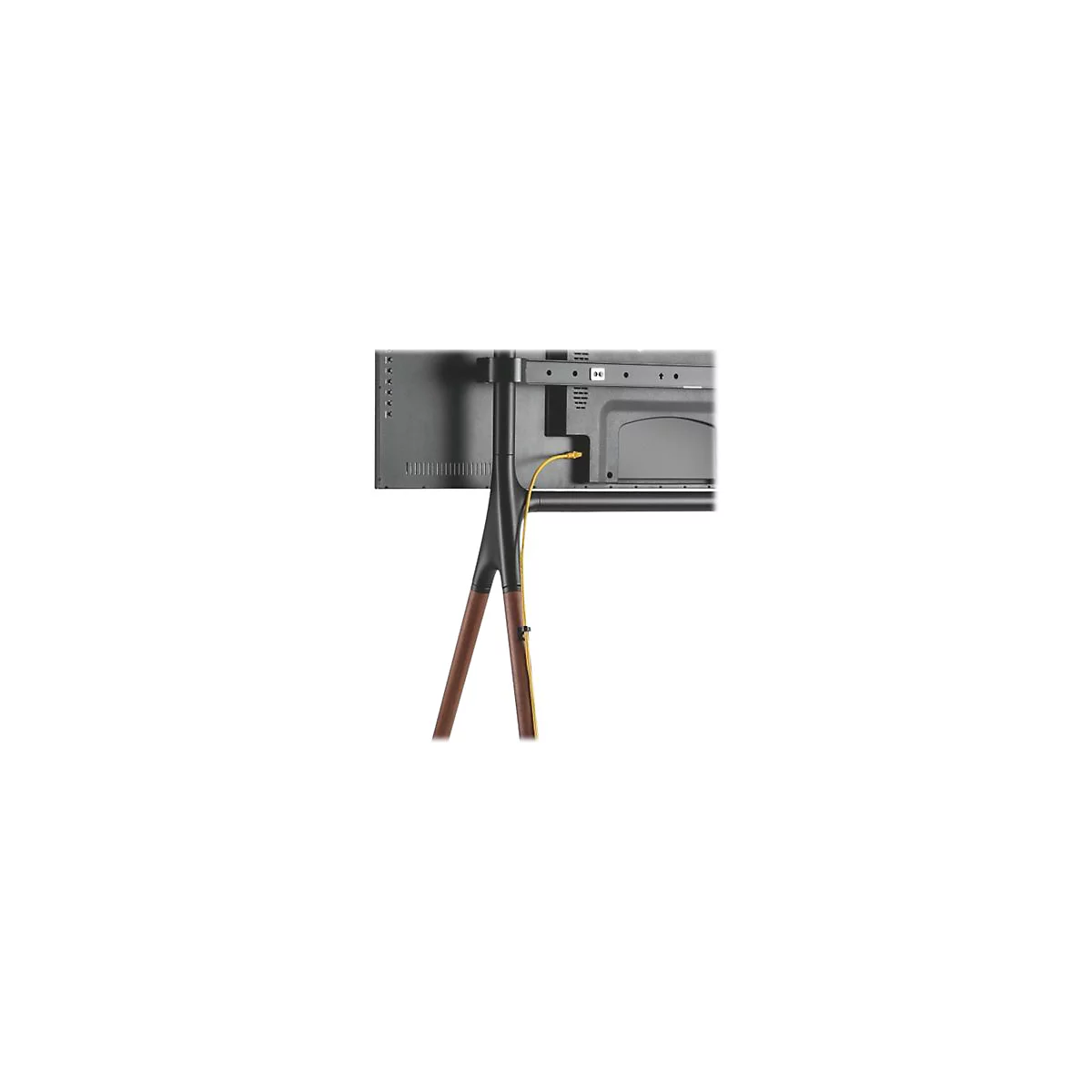 Rückseite eines schwarzen Fernsehers auf einem Stativ mit Holzbeinen und gelbem Kabel.