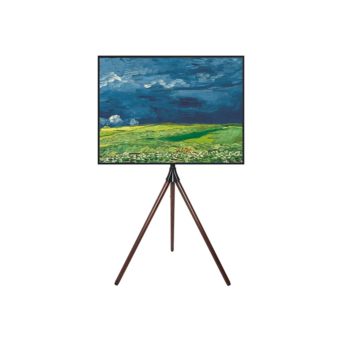 Gemälde von Van Gogh, auf Staffelei. Das Bild zeigt eine Landschaft mit dunklen Wolken über einem Feld.