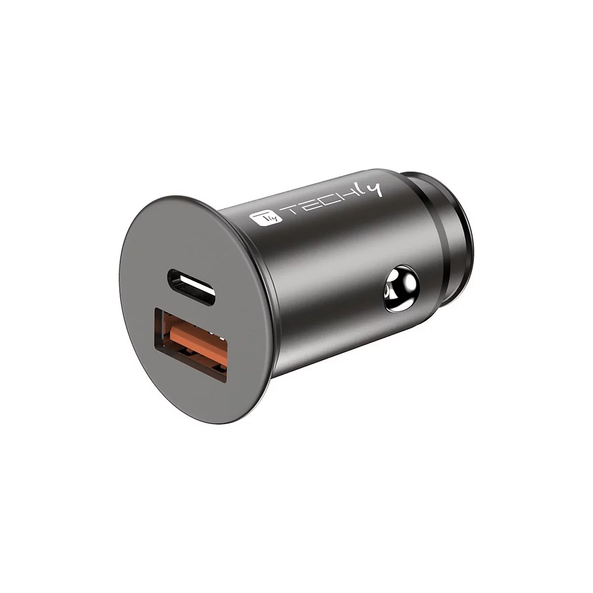 Schwarzes Techly Kfz-Ladegerät mit USB-C und USB-A Anschluss auf weißem Hintergrund.