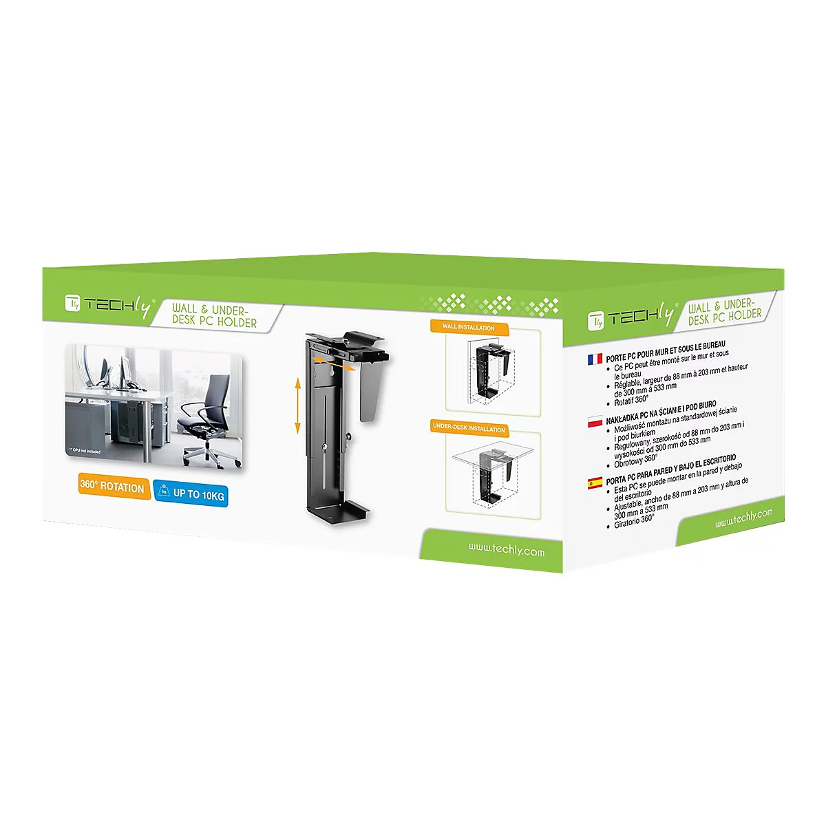 Verkaufsverpackung eines Techly PC-Halters für Wand- oder Untertischmontage mit Anwendungsbeispielen.