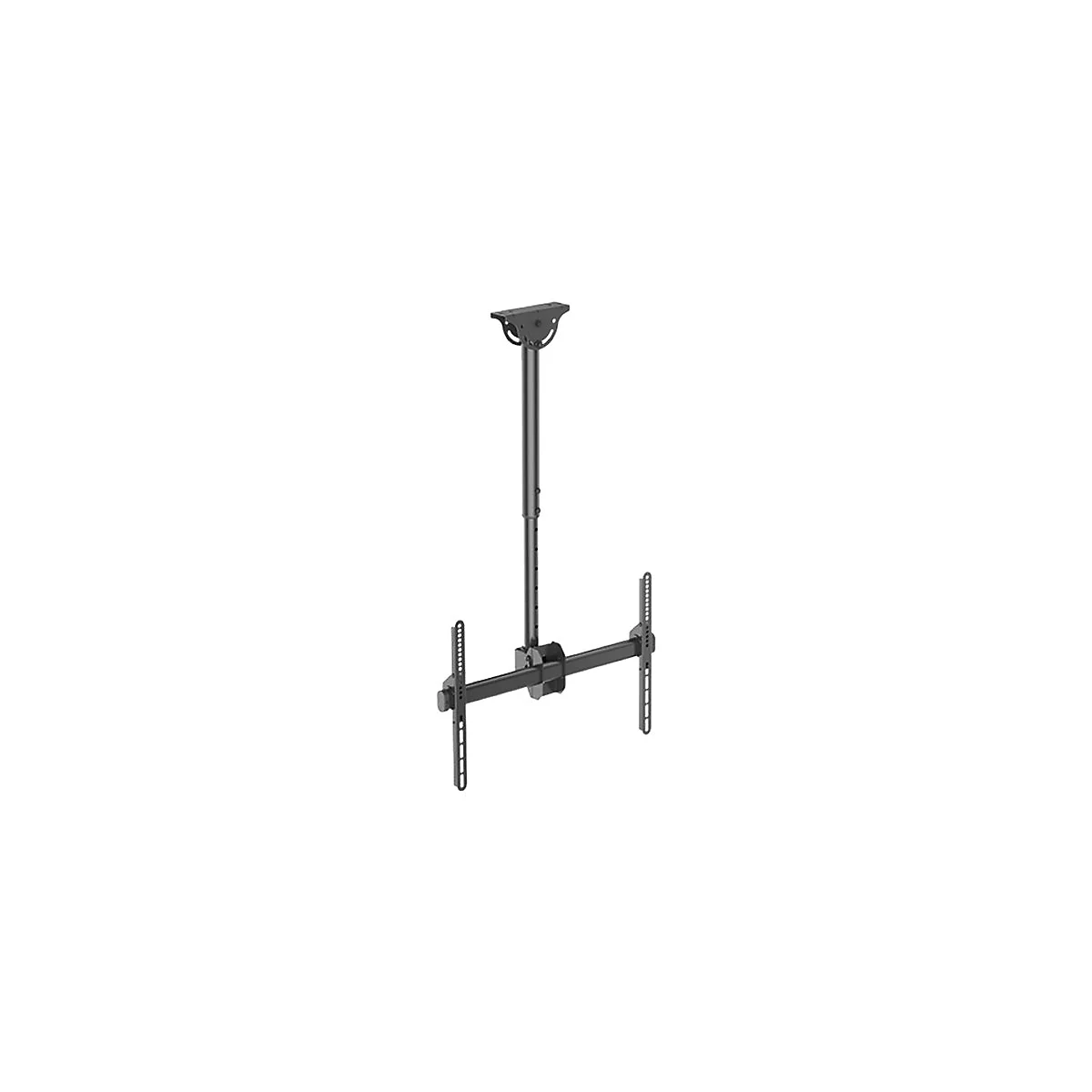 Schwarze Deckenhalterung für Fernseher mit verstellbarer Stange und Montageschienen.