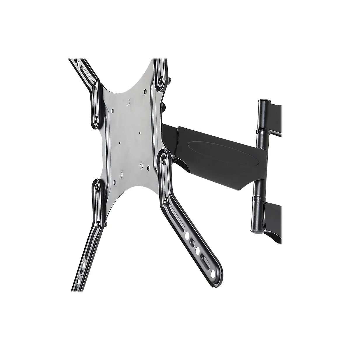 Schwarze TV-Wandhalterung mit beweglichem Arm vor weißem Hintergrund.
