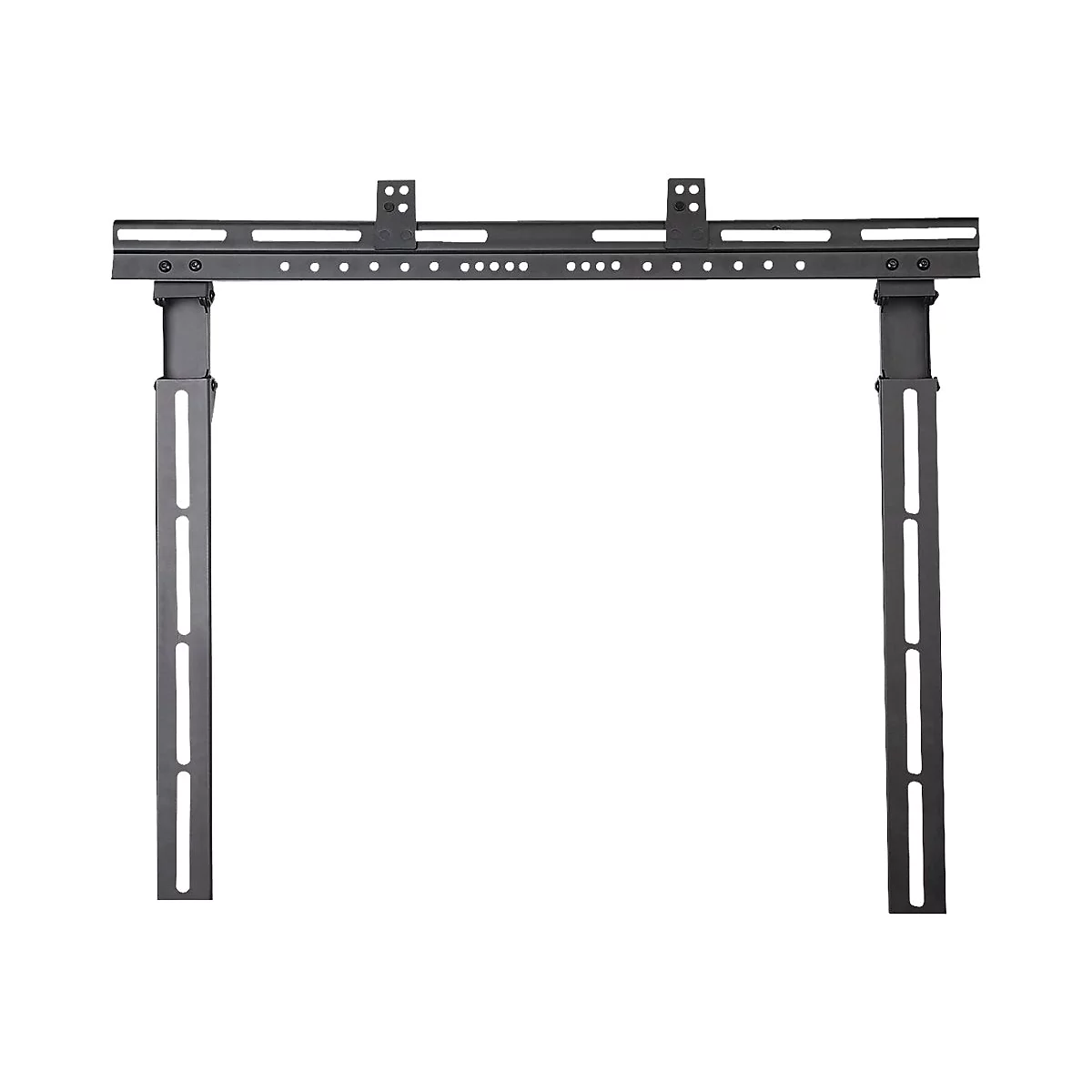 Schwarze TV-Wandhalterung aus Metall mit einer horizontalen Schiene und zwei senkrechten Streben vor weißem Hintergrund.