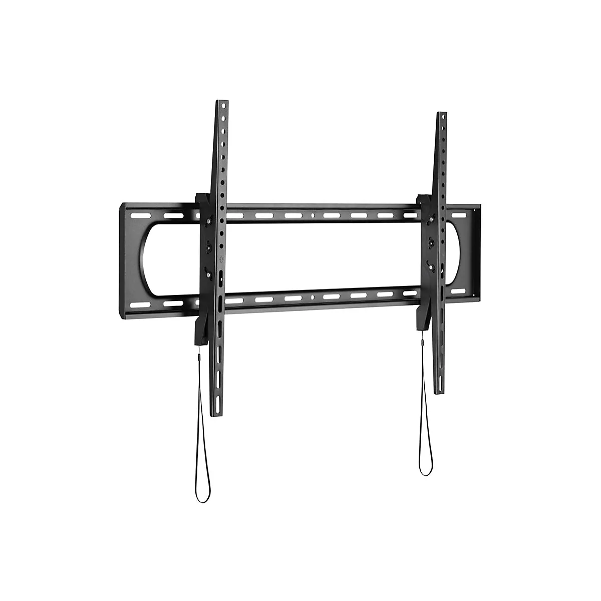 Schwarze, flache TV-Wandhalterung aus Metall mit zwei senkrechten Schienen und Auslöseschlaufen.