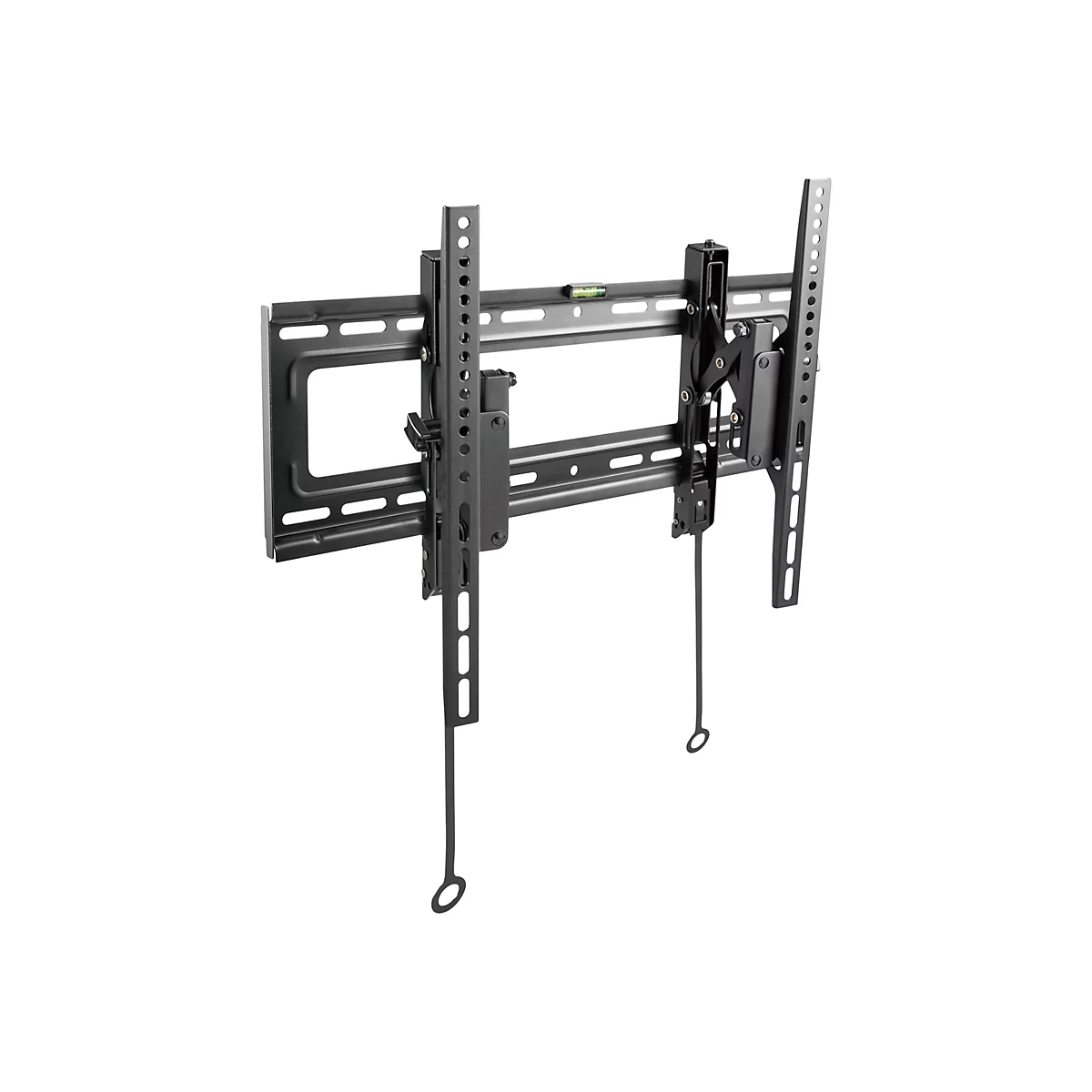 Schwarze, neigbare TV-Wandhalterung aus Metall mit integrierter Wasserwaage auf weißem Hintergrund.