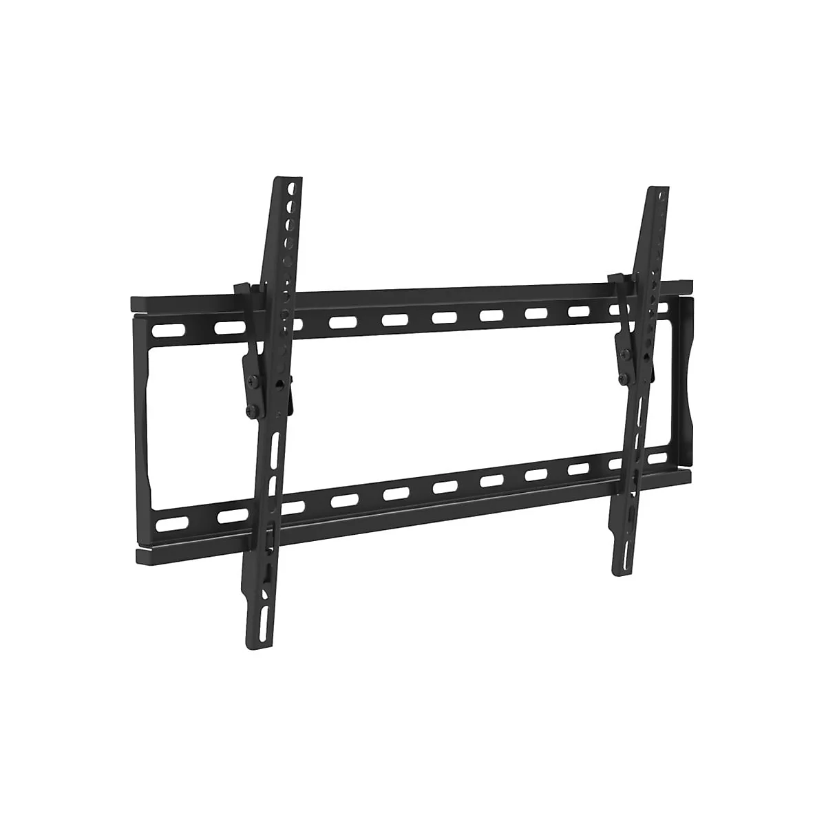 Schwarze, neigbare TV-Wandhalterung vor weißem Hintergrund.