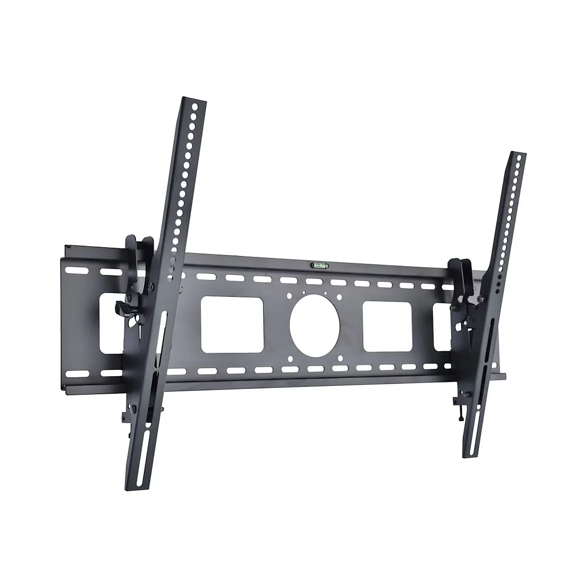 Schwarze TV-Wandhalterung aus Metall mit neigbaren Schienen und integrierter Wasserwaage auf weißem Grund.