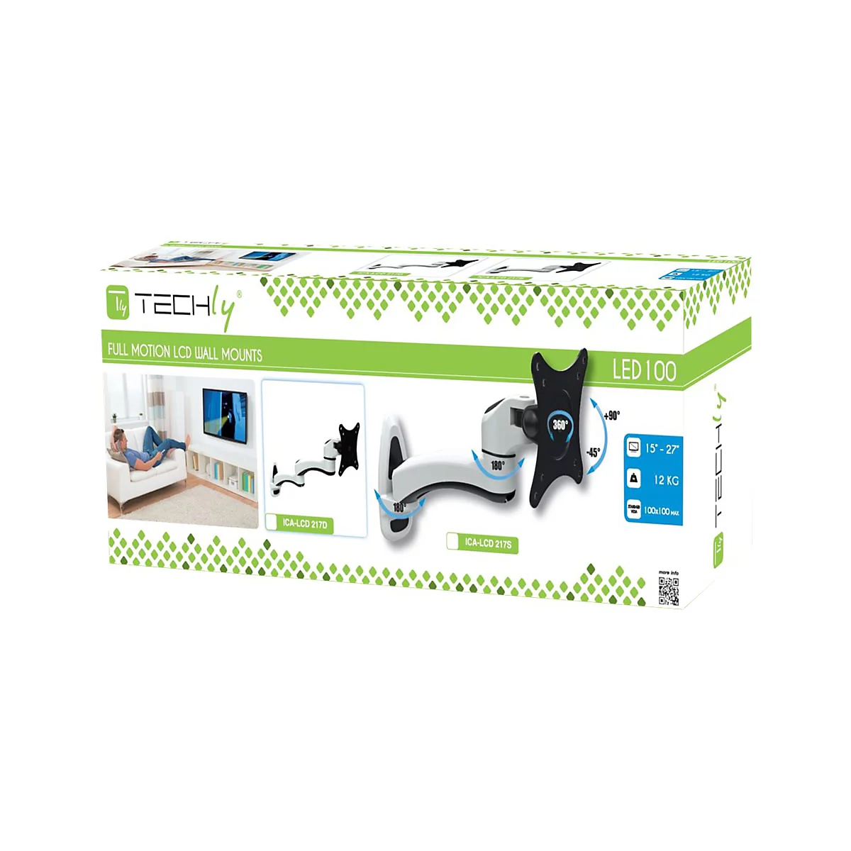 Produktverpackung der Techly Full Motion LCD-Wandhalterung mit Anwendungsbeispielen und technischen Daten.